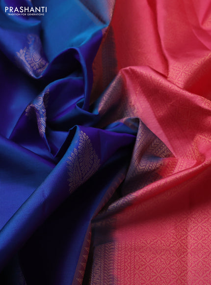 Pure kanchipuram silk saree cs blue and peach pink with zari woven paisley buttas and zari woven border