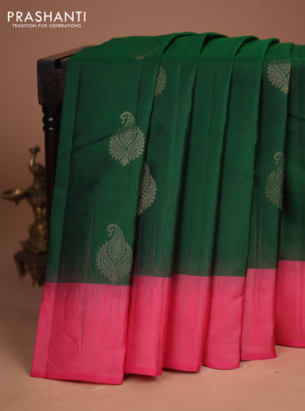 Pure kanchipuram silk saree green and peach pink with zari woven paisley buttas and zari woven border