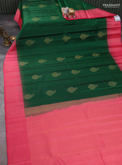 Pure kanchipuram silk saree green and peach pink with zari woven paisley buttas and zari woven border