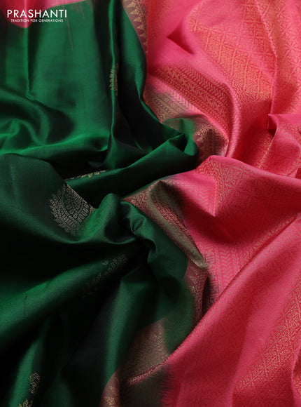 Pure kanchipuram silk saree green and peach pink with zari woven paisley buttas and zari woven border