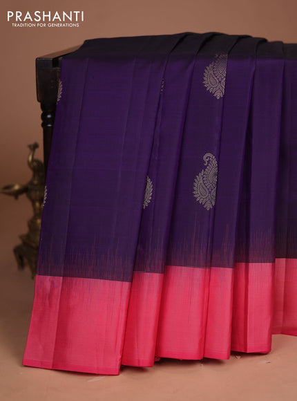 Pure kanchipuram silk saree violet and peach pink with zari woven paisley buttas and zari woven border