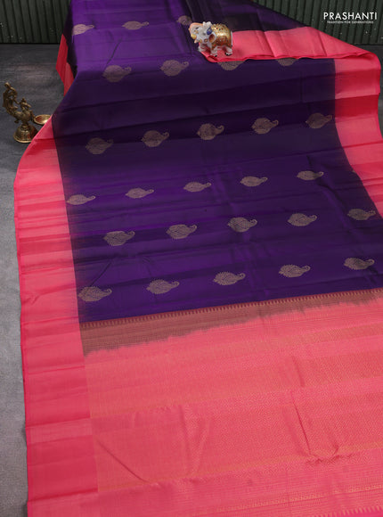Pure kanchipuram silk saree violet and peach pink with zari woven paisley buttas and zari woven border