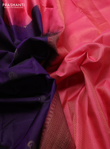 Pure kanchipuram silk saree violet and peach pink with zari woven paisley buttas and zari woven border