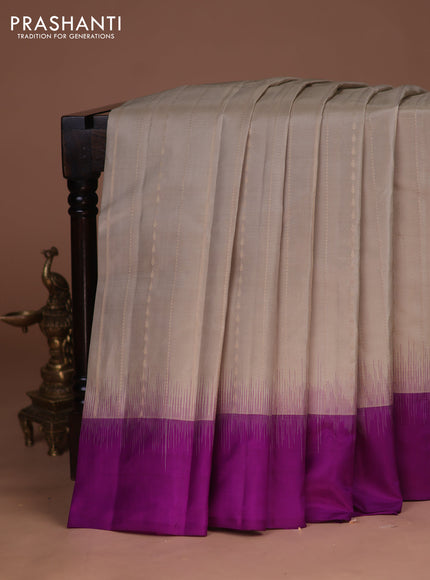 Pure kanchipuram silk saree beige and purple with allover zari weaves and simple border