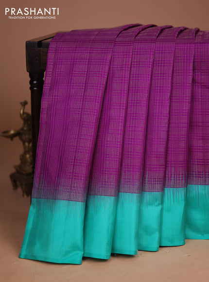 Pure kanchipuram silk saree purple and teal green with allover zari checked pattern and simple border