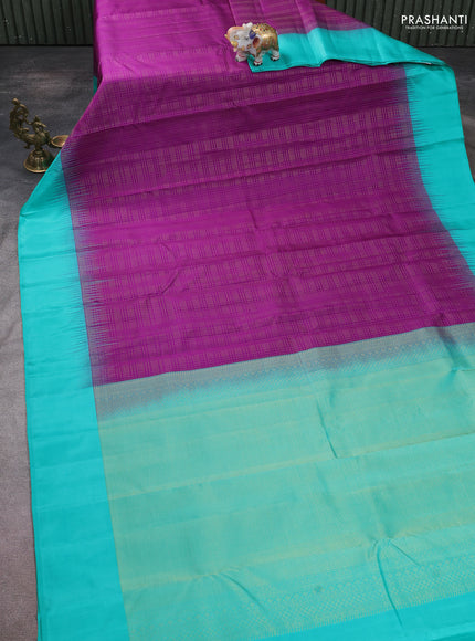 Pure kanchipuram silk saree purple and teal green with allover zari checked pattern and simple border
