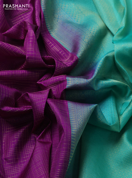 Pure kanchipuram silk saree purple and teal green with allover zari checked pattern and simple border