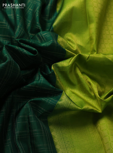 Pure kanchipuram silk saree green and light green with allover zari checked pattern and simple border