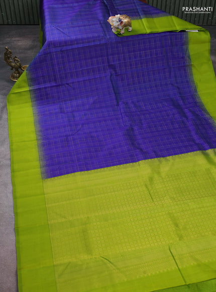 Pure kanchipuram silk saree blue and light green with allover zari checked pattern and simple border