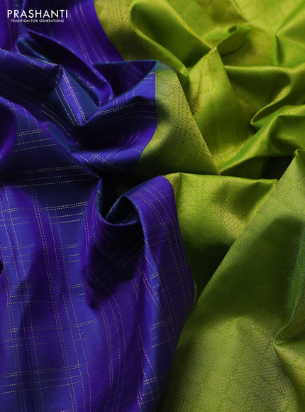 Pure kanchipuram silk saree blue and light green with allover zari checked pattern and simple border