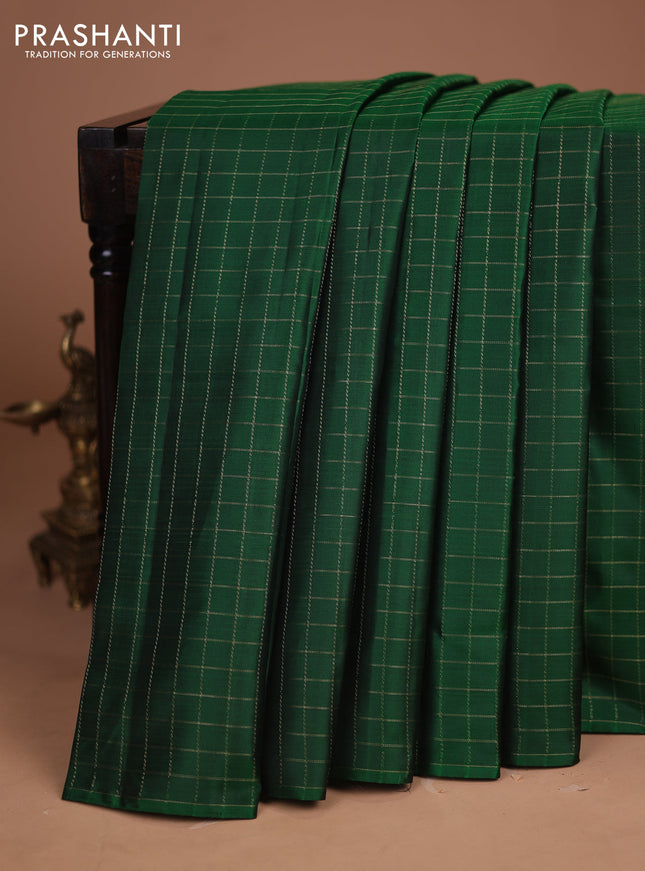 Pure kanchipuram silk saree green with allover zari checked pattern in borderless style