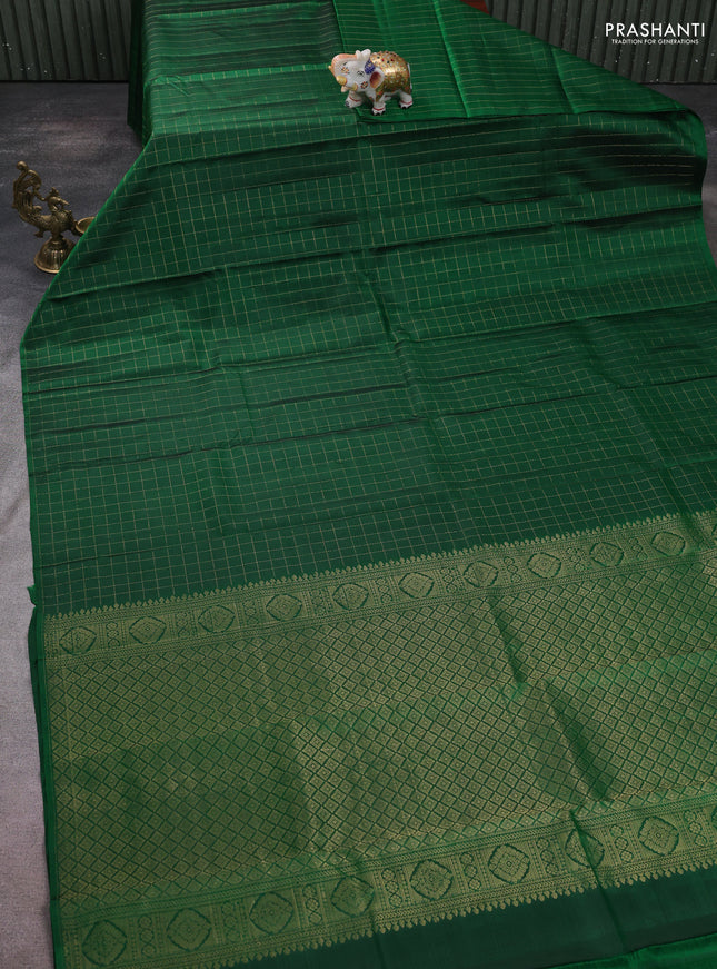 Pure kanchipuram silk saree green with allover zari checked pattern in borderless style
