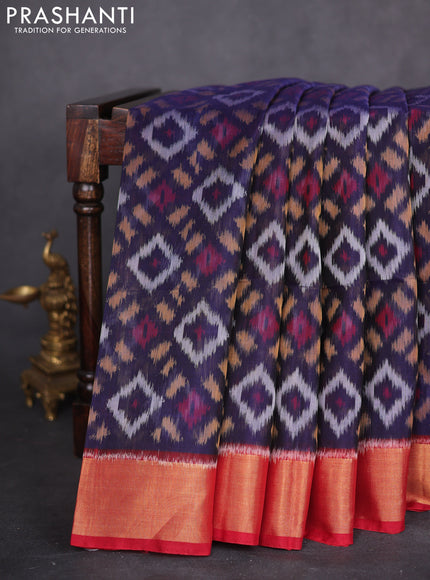 Ikat silk cotton saree navy blue and red with allover ikat weaves and zari woven border
