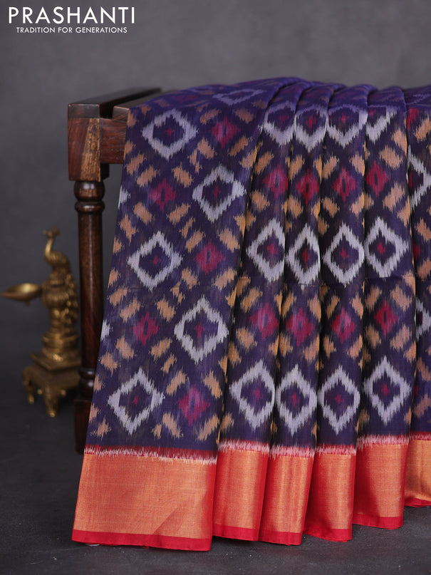 Ikat silk cotton saree navy blue and red with allover ikat weaves and zari woven border