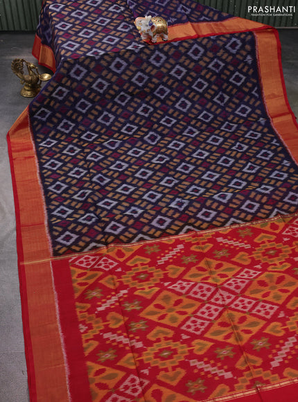 Ikat silk cotton saree navy blue and red with allover ikat weaves and zari woven border