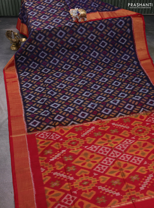 Ikat silk cotton saree navy blue and red with allover ikat weaves and zari woven border