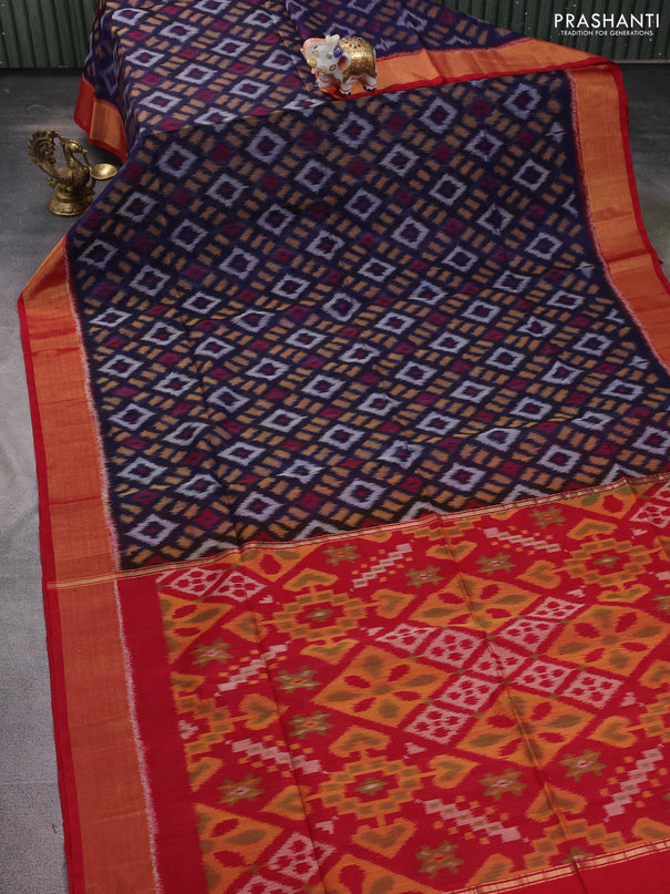 Ikat silk cotton saree navy blue and red with allover ikat weaves and zari woven border
