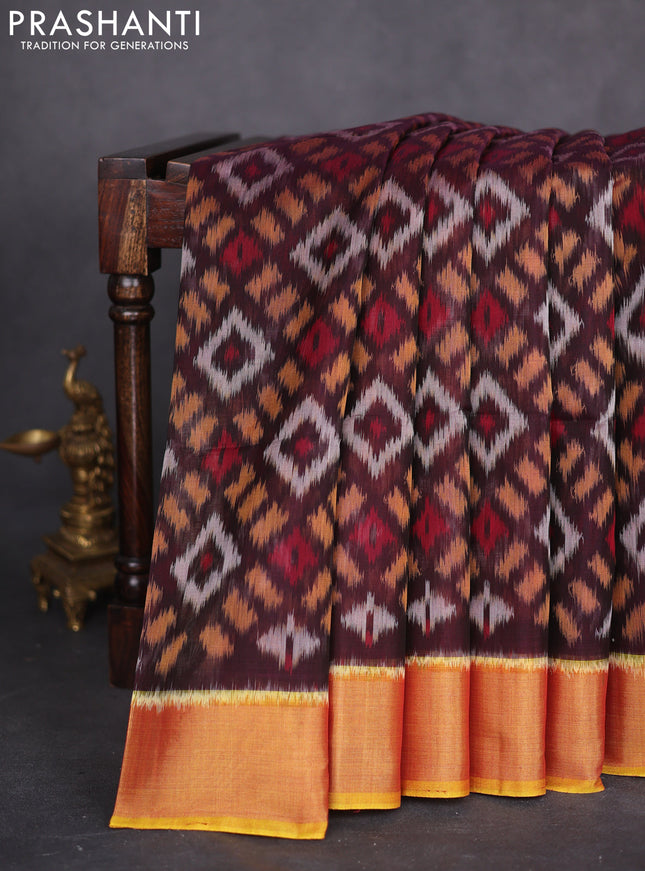 Ikat silk cotton saree coffee brown and dual shade of yellow with allover ikat weaves and zari woven border