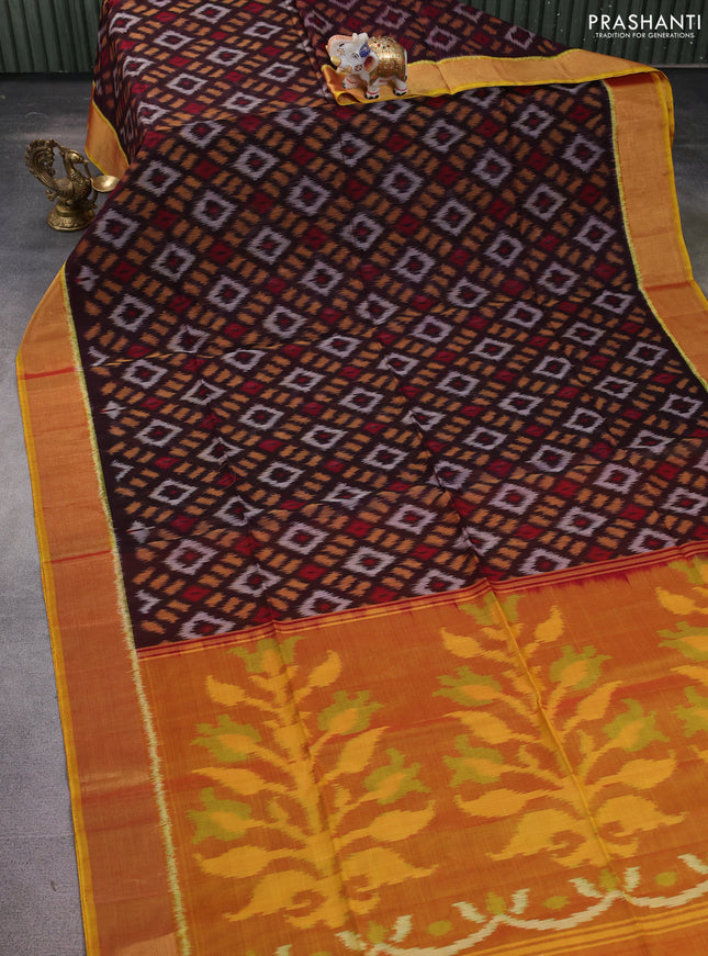 Ikat silk cotton saree coffee brown and dual shade of yellow with allover ikat weaves and zari woven border