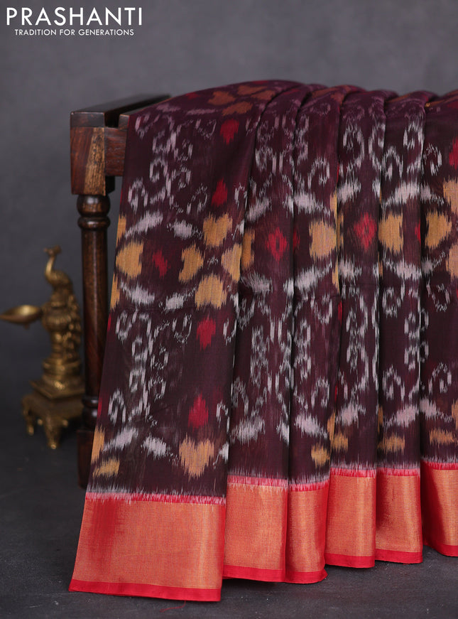 Ikat silk cotton saree coffee brown and red with allover ikat weaves and zari woven border