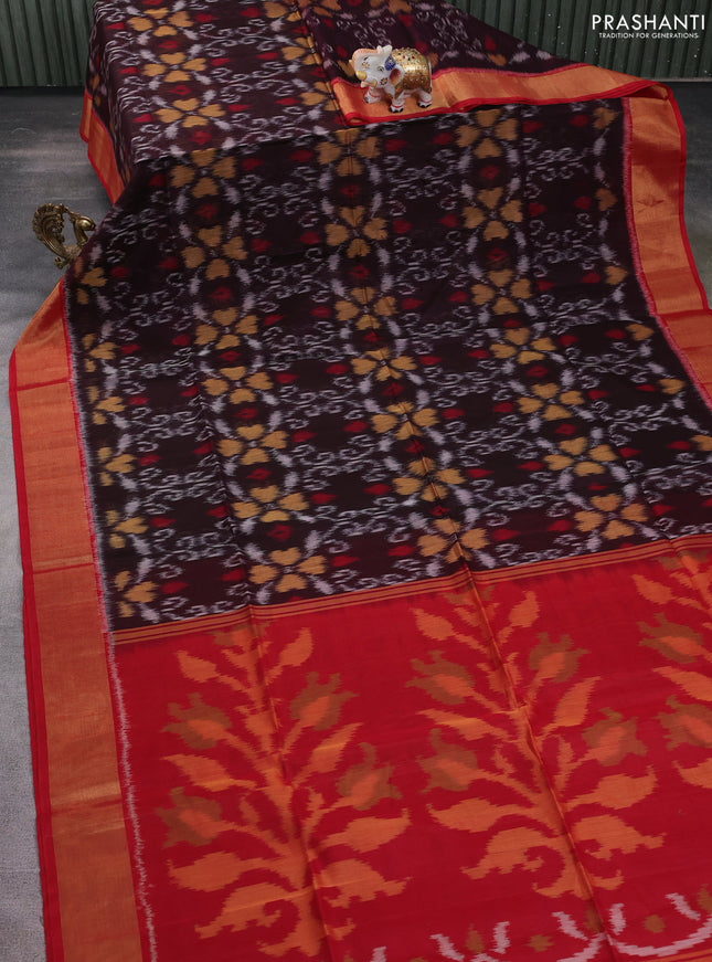 Ikat silk cotton saree coffee brown and red with allover ikat weaves and zari woven border