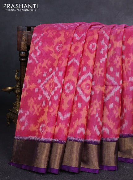 Ikat silk cotton saree pink and purple with allover ikat weaves and zari woven border