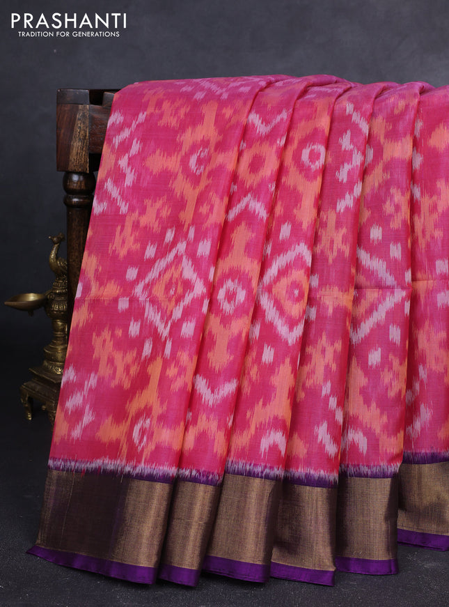 Ikat silk cotton saree pink and purple with allover ikat weaves and zari woven border