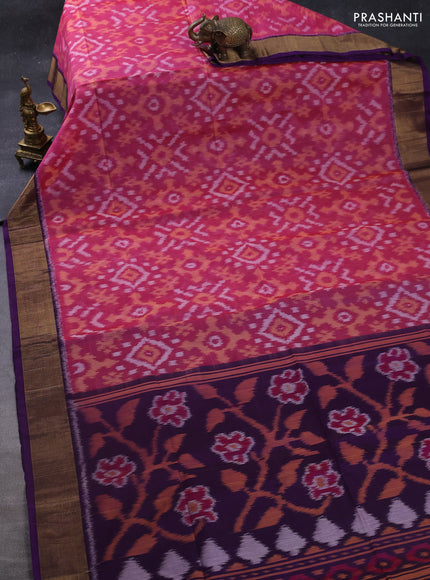 Ikat silk cotton saree pink and purple with allover ikat weaves and zari woven border