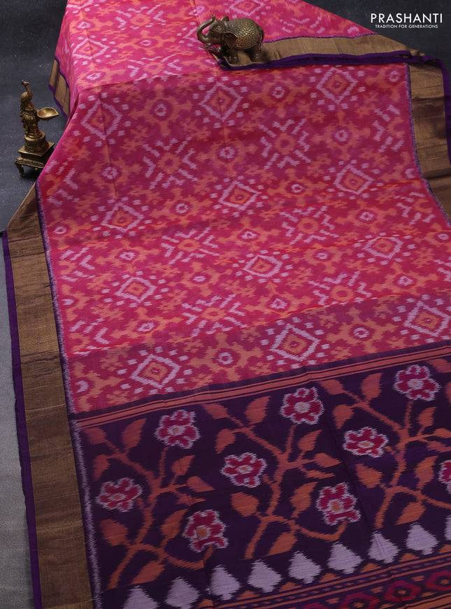 Ikat silk cotton saree pink and purple with allover ikat weaves and zari woven border