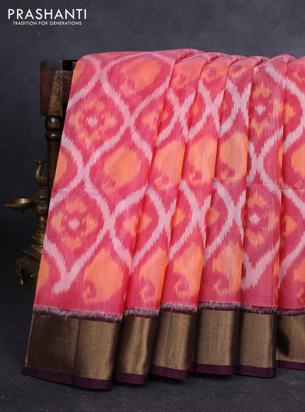 Ikat silk cotton saree red shade and coffee brown with allover ikat weaves and zari woven border