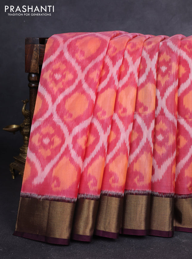 Ikat silk cotton saree red shade and coffee brown with allover ikat weaves and zari woven border
