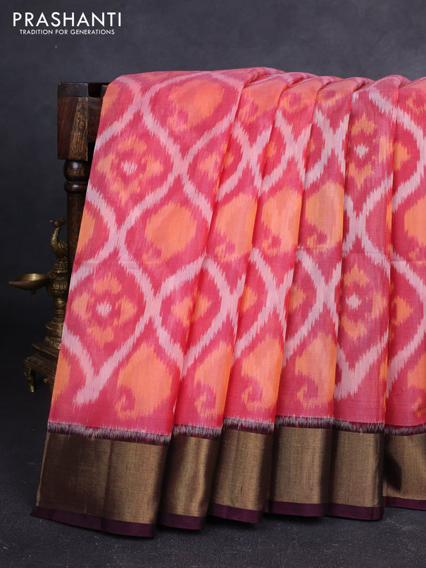 Ikat silk cotton saree red shade and coffee brown with allover ikat weaves and zari woven border