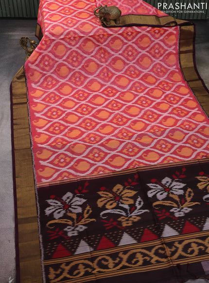 Ikat silk cotton saree red shade and coffee brown with allover ikat weaves and zari woven border