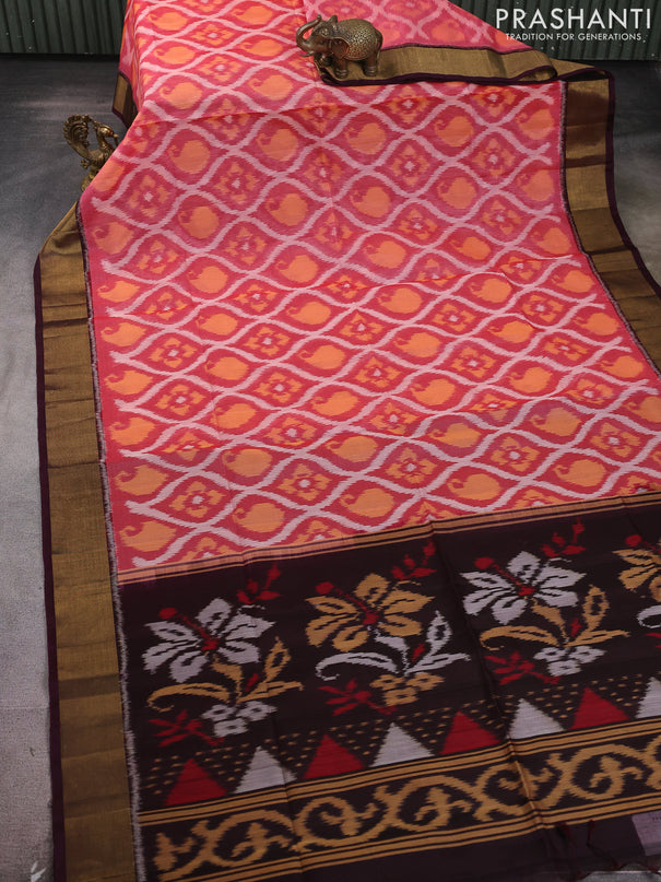 Ikat silk cotton saree red shade and coffee brown with allover ikat weaves and zari woven border