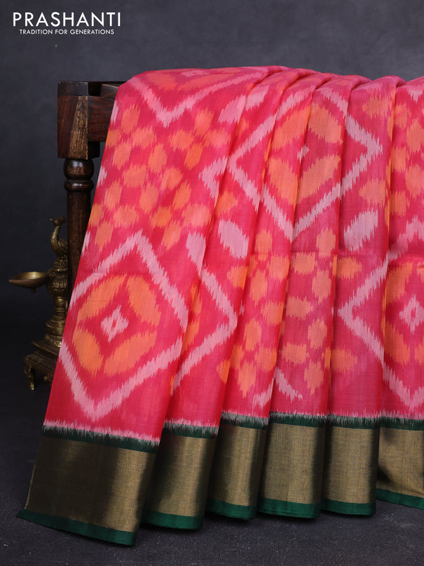 Ikat silk cotton saree pink and green with allover ikat weaves and zari woven border