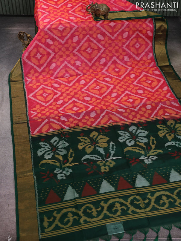 Ikat silk cotton saree pink and green with allover ikat weaves and zari woven border