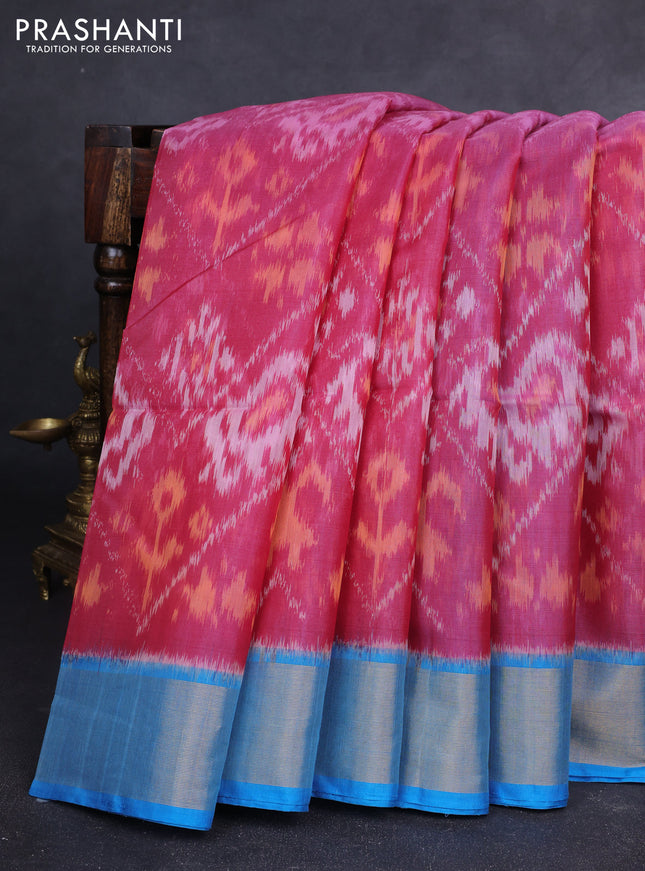 Ikat silk cotton saree pink shade and cs blue with allover ikat weaves and zari woven border
