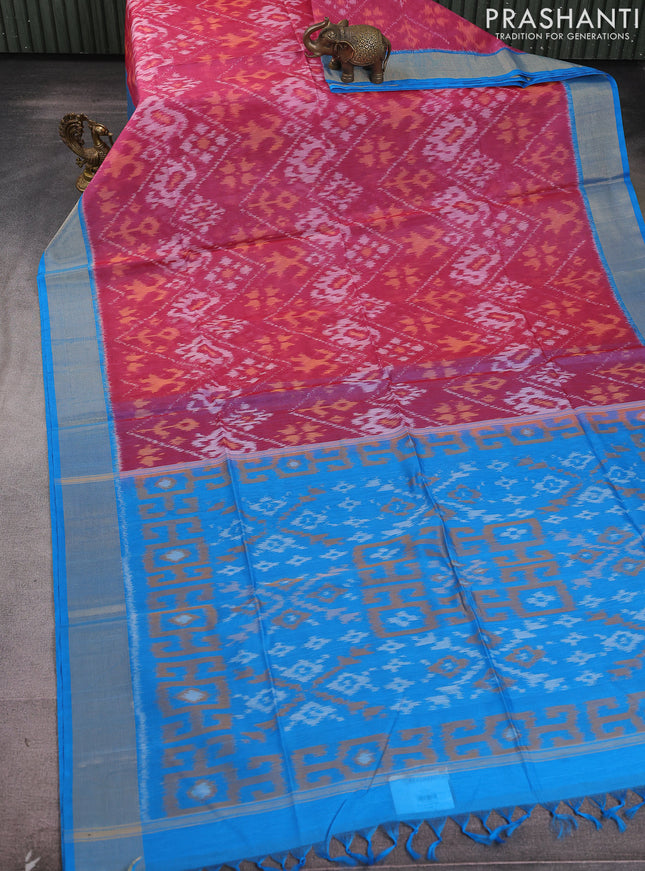 Ikat silk cotton saree pink shade and cs blue with allover ikat weaves and zari woven border