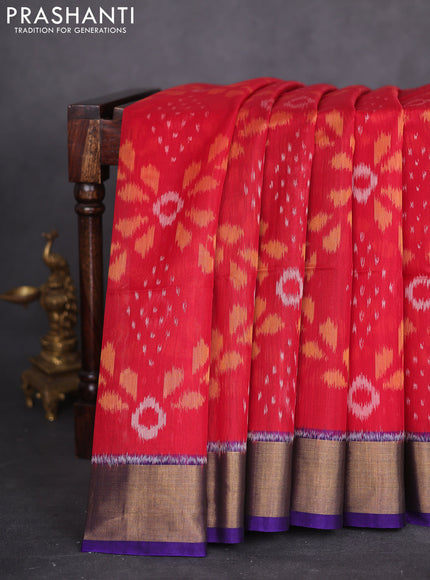 Ikat silk cotton saree red and violet with allover ikat weaves and zari woven border