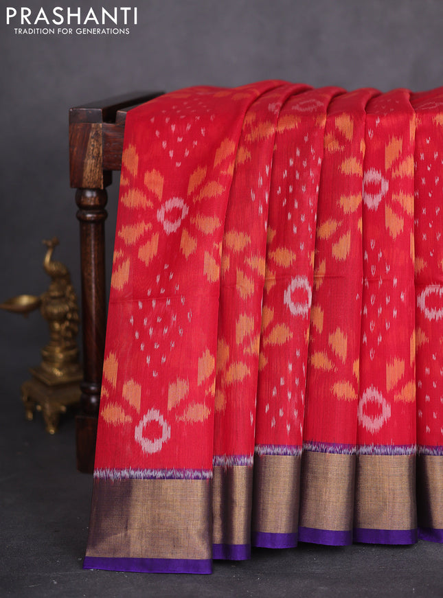 Ikat silk cotton saree red and violet with allover ikat weaves and zari woven border