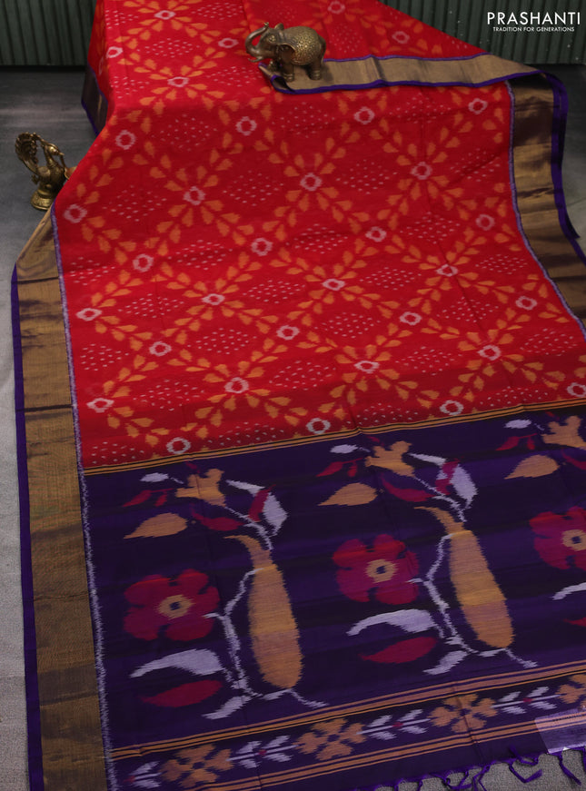 Ikat silk cotton saree red and violet with allover ikat weaves and zari woven border