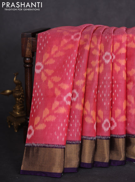 Ikat silk cotton saree pink shade and deep violet with allover ikat weaves and zari woven border
