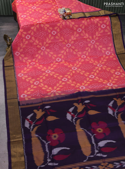Ikat silk cotton saree pink shade and deep violet with allover ikat weaves and zari woven border