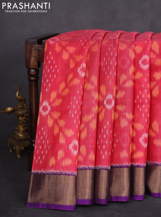 Ikat silk cotton saree red shade and purple with allover ikat weaves and zari woven border