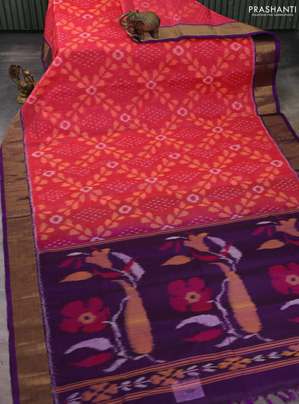 Ikat silk cotton saree red shade and purple with allover ikat weaves and zari woven border