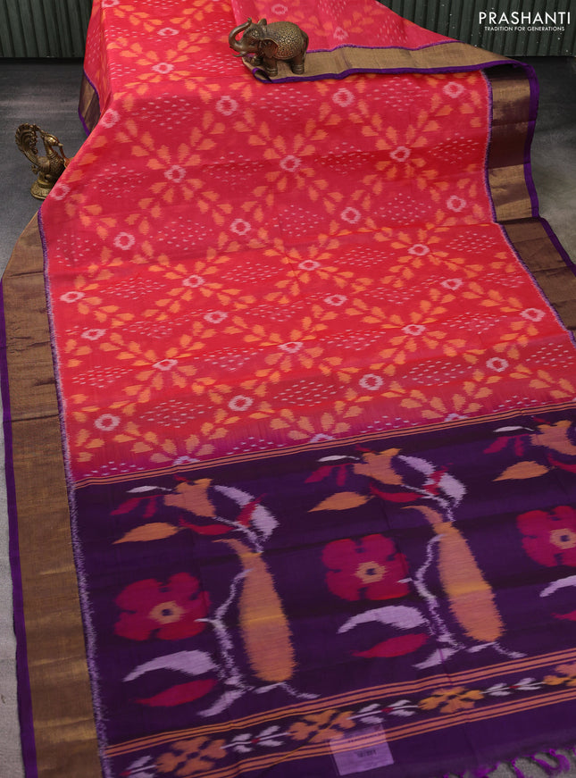 Ikat silk cotton saree red shade and purple with allover ikat weaves and zari woven border