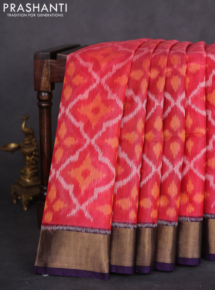 Ikat silk cotton saree red shade and deep violet with allover ikat weaves and zari woven border
