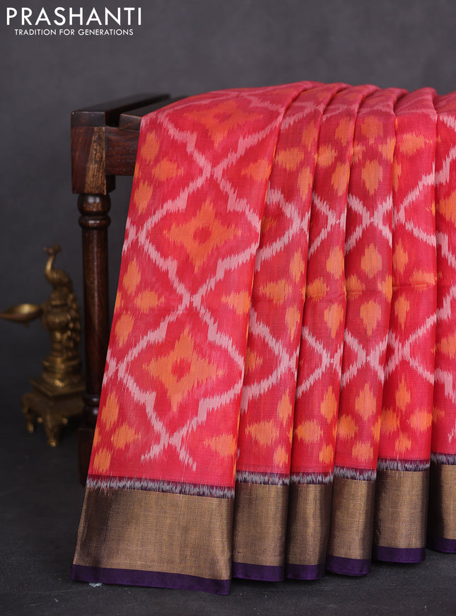 Ikat silk cotton saree red shade and deep violet with allover ikat weaves and zari woven border