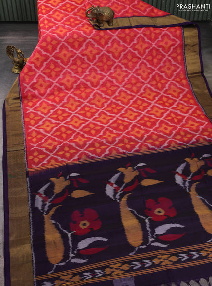 Ikat silk cotton saree red shade and deep violet with allover ikat weaves and zari woven border