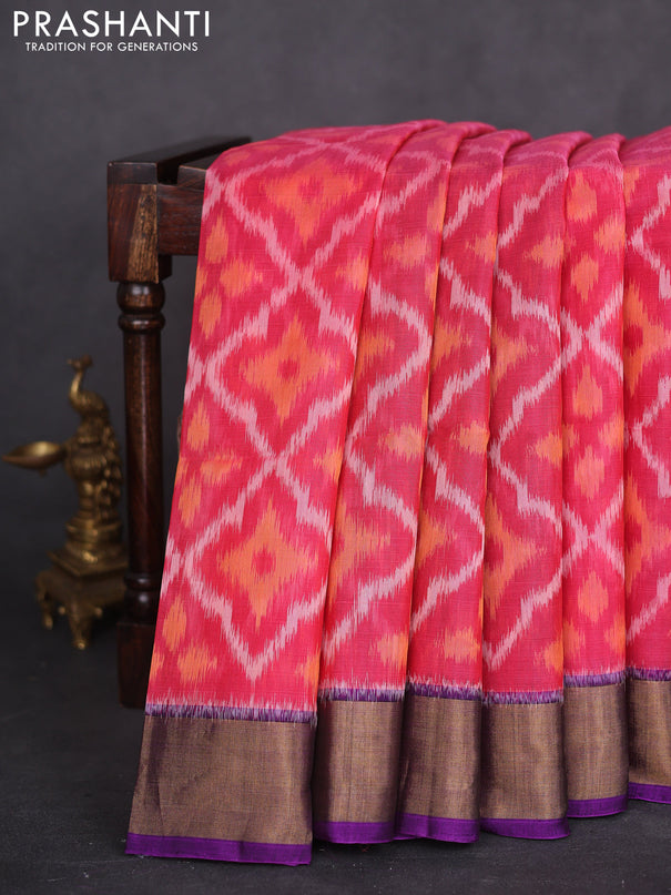 Ikat silk cotton saree pink and purple with allover ikat weaves and zari woven border